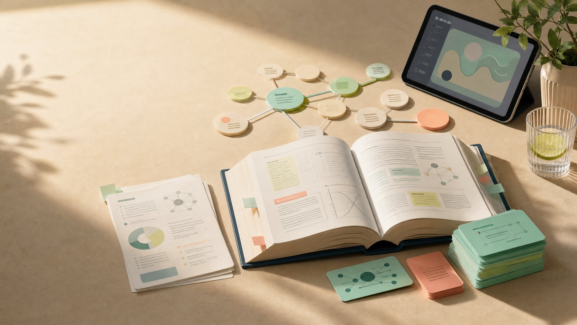 Illustrated study workflow: a textbook becoming flashcards, a concept map, and organized study resources
